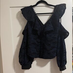Self-Portrait Navy Lace Ruffle V-Neck Blouse